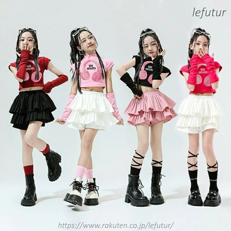 【送料無料】キッズダンス衣装 セットアップ hiphop チアガール ヒップホップ 子供服 ガールズ 半袖 ヘソ出し ピンク トップス 白 スカート ボリューム アームカバー 派手 女の子