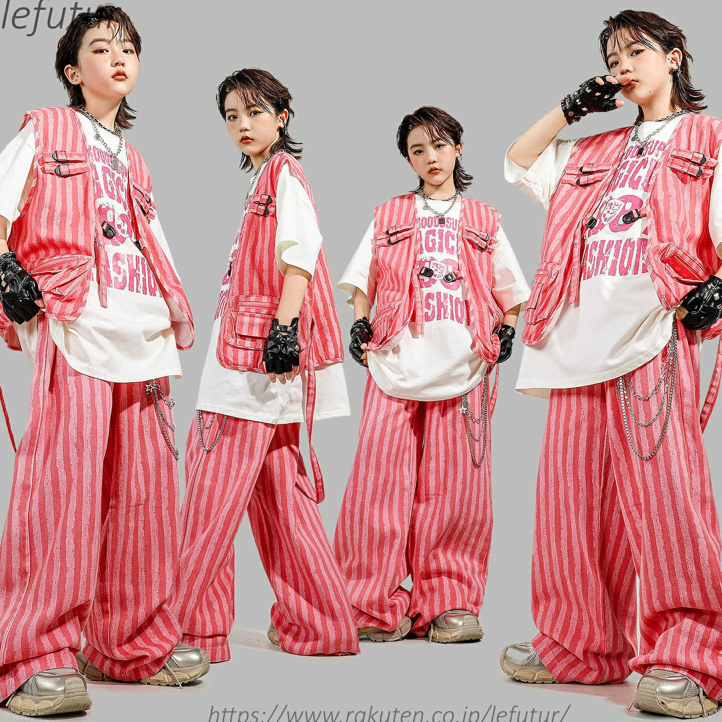 【送料無料】ピンク キッズ ダンス セットアップ ストライプ 子供服 パンツ ベスト...