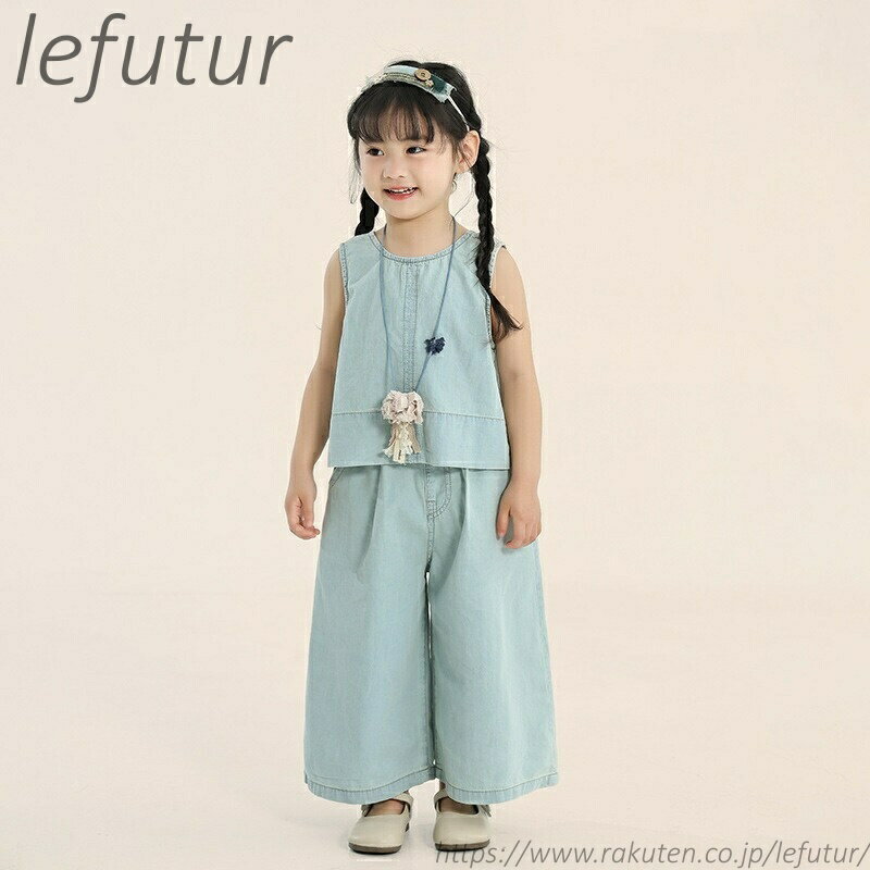 Rakuten - 【送料無料】キッズ 子供服 セットアップ ゆったり 夏 コットン100% 綿100% 女の子 2点セット タンク デニム? 上下セット