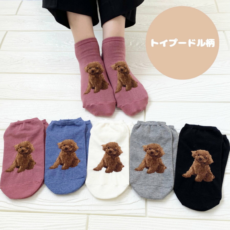 【 送料無料 1000円ポッキリ 】トイプードル柄 レディース 靴下 ショート 選べる 3足セット 日本製のサムネイル