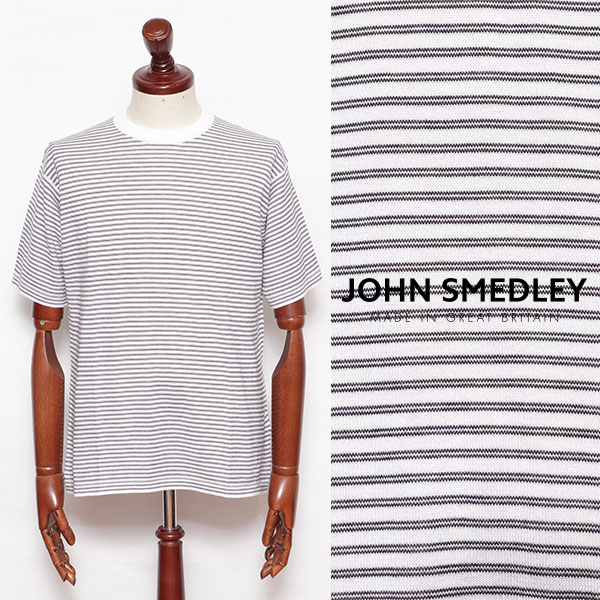 ジョン・スメドレー JOHN SMEDLEY S4631 シーアイランドコットン 30G 半袖 マイクロボーダー クルーネック ニットTシャツ ホワイト x ブラック s4631-w 100