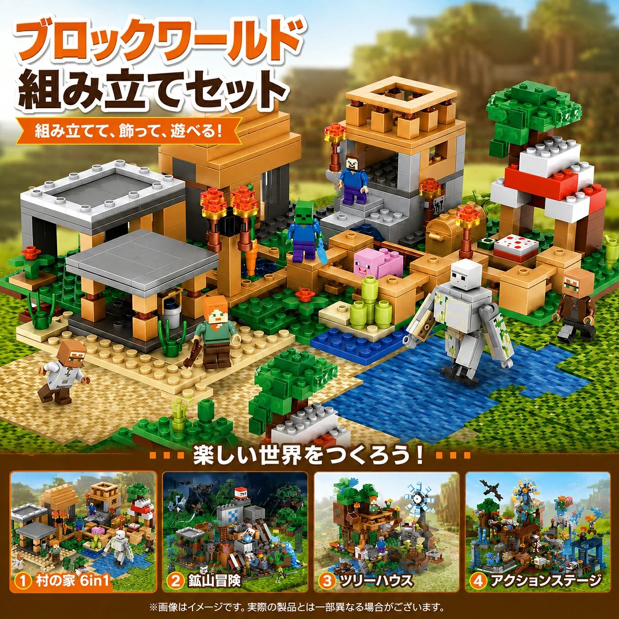 商品情報商品名マグネットキューブブロック商品タイプ磁石ブロック玩具 / ピクセル風ブロック対象年齢5歳以上素材ABS、磁石遊び方平面遊び・立体組み立て・ごっこ遊び・作品展示【楽しいブロックセット】遊び時間を魔法のような創造的な冒険に変えます。ブロックを思いのままに組み合わせて、ゲームでおなじみの場面を再現できる新しい遊びの形です。【積み木で学び、遊ぶ】コンピュータのピクセルのようなもので、それぞれの色のキューブによってさまざまなシーンを作り出す。想像力豊かな傑作を作ることができ、シンプルな2D形状から複雑な3Dデザインまで作ることができます。遊びながら新しいものを探しましょう。【磁石内蔵設計】子供のおもちゃに信頼され安全な素材である高品質のABS樹脂で作られています。マグネットキューブに磁石が入っています、どの面もほかの面にもカチッと音を立てて接着し、非常に組み立てやすく、子供から大人まで夢中になって楽しめます。【持ち運び便利、いつでもどこでも】学校や家、旅行、新しい友達と一緒に遊ぶことができ、電子製品の束縛から遠ざけます。ゲームをテーマにしたプレイセットは、お誕生日やホリデーシーズンに限らず、いつでもよろこばれるギフトです。ご使用前説明■細部までのこだわりをお楽しみください。■海外製品の為、ブロック本体と収納ボックスに塗装不良、変色、傷や汚れなど残る可能性がありますのでご了承ください。ご理解ある方のみお願い致します。なお、注文数に応じて5-10個の予備品を用意いたします。■プレンゼントのミニフィグについて、1セットのみ購入される場合はデザイン重複なしで発送します。複数セット購入される場合、デザインが被る可能性あります。予めご了承ください。関連キーワードマグネットキューブブロック 磁石ブロック マグネットブロック ピクセル風ブロック ブロック玩具 知育玩具 立体パズル 磁石おもちゃ キューブブロック ABSブロック ミニフィギュア付き 収納ケース付き 子供 おもちゃ キッズ 男の子 女の子 5歳以上 室内遊び 親子遊び 創造力 想像力 空間認識力 ごっこ遊び 誕生日 プレゼント クリスマス ギフト 入園祝い 卒園祝い こどもの日 ゲーム風ブロックブロック 組み立てセット 4タイプから選べる 村の家 鉱山冒険 ツリーハウス アクションステージ ABS製 シーンブロック キャラクター どうぶつ ごっこ遊び ディスプレイ プレゼント レゴ互換 建物や自然、キャラクターがそろった立体シーンを組み立てて楽しめるブロックセット。完成後はごっこ遊びやディスプレイとしても楽しめます。 ――――――――――――――――――注意事項：・対象年齢未満のお子さまには使用しないでください。・小さなお子さまが遊ぶ際は、必ず保護者のもとでご使用ください。・小さなパーツや磁石を含む商品です。口の中に入れたり、飲み込んだりしないよう十分ご注意ください。・万一、パーツを誤飲した場合は、すぐに医師にご相談ください。・磁気カード、時計、スマートフォン、医療機器、精密機器などに近づけないでください。・火気の近くや高温多湿の場所での使用・保管はお避けください。・強い衝撃を与えたり、無理に曲げたり分解したりしないでください。・商品の色味は、撮影環境やモニター設定により実物と多少異なる場合があります。・サイズは手作業で測定しているため、若干の誤差が生じる場合があります。・生産時期により、ブロック柄や付属パーツの仕様が一部変更になる場合があります。 5