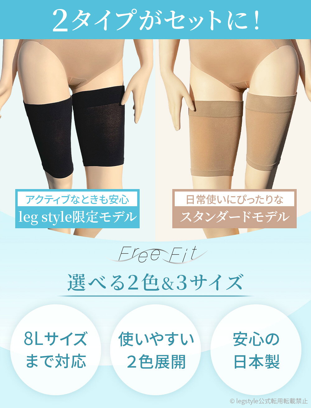 レッグ・インナーの専門店LegStyleの股ずれ防止バンド 選べる2点セット 【メール便1セット】股ずれ防止 大きいサイズ 滑り止め付き 股ズレ 3L 4L 5L 6L 7L 8L 2色 ブラック ベージュ 日本製 ゆったり ずれにくい 滑り止め 太もも 汗蒸れ 股ずれ ぽっちゃり プラスサイズ 股ずれ防止バンド セット【メール12】｜アングル2