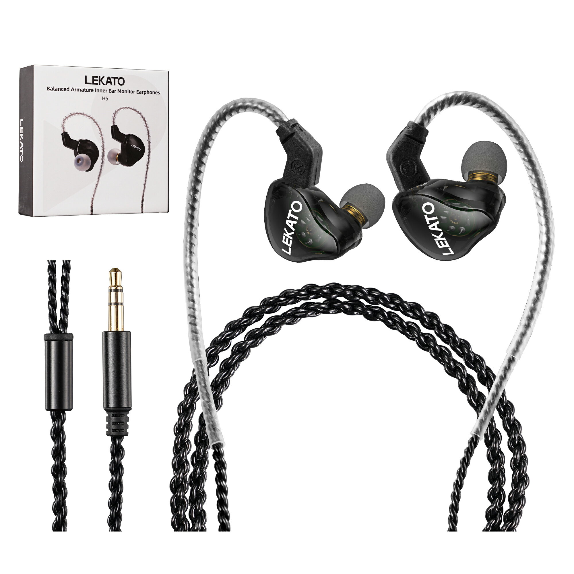 LEKATO 高遮音性イヤホン IEM カナル型 有線タイプ クリア イヤフォン レコーディング イヤモニ インイヤーモニター プロ仕様 遮音 ハイブリッド型 Hi-Fiイヤホン H5 1年保証