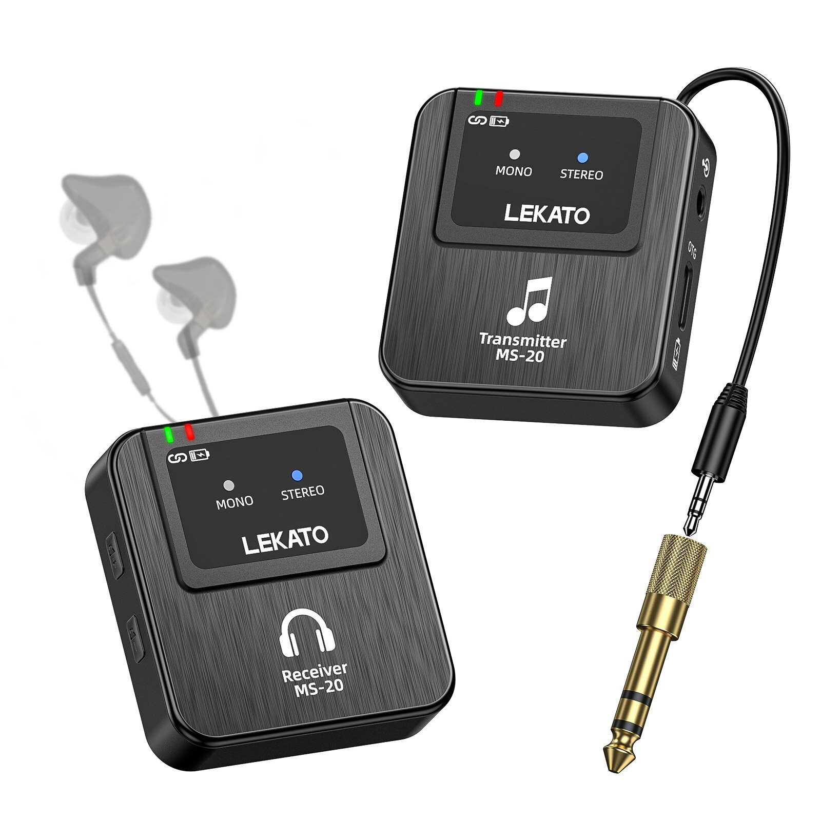 LEKATO ワイヤレス インイヤーモニター システム 送受信機 無線 2.4GHz 自動ペアリング ロスレ OTG対応 連続使用 ライブ演奏 録音スタジオ バンド練習 リハーサル ギター エレキ ギター ベース アコギ 端子 小型 バンドリハーサル ライブパフォーマンス 1対多 MS-20