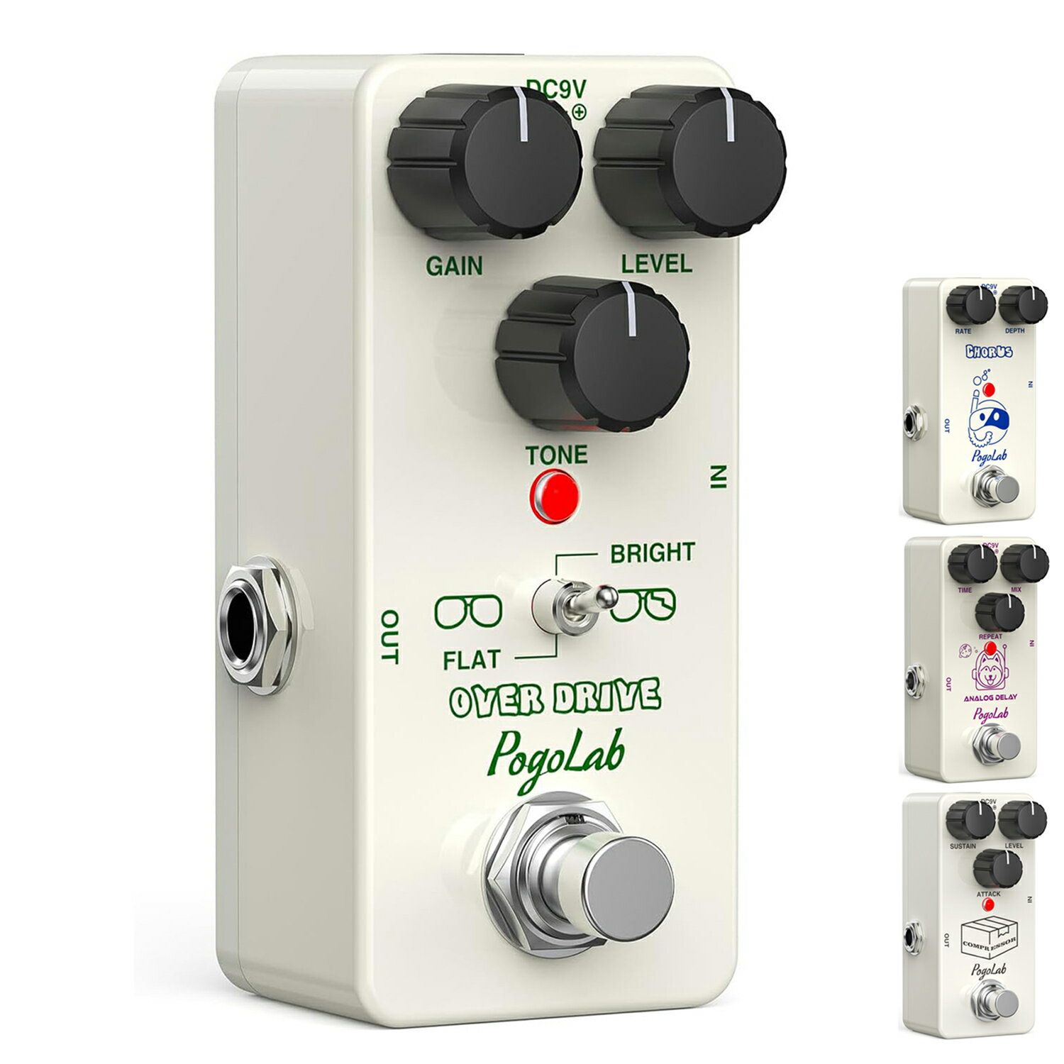 POGOLAB ギター ミニ エフェクター オーバードライブ ペダル ミニペダル エレキギター ベース DC 9v over drive コンパクト オーバードライブ（over drive）コンプレッサー（compressor）コーラス（chorus）アナログディレイ（analog delay）