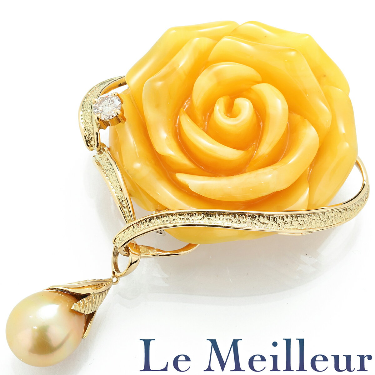 【ポイント5倍★11/25 23:59まで】バラモチーフペンダントトップ兼ブローチ SIクラス 琥珀 35.51ct ダイヤモンド 0.38ct K18 【最大...