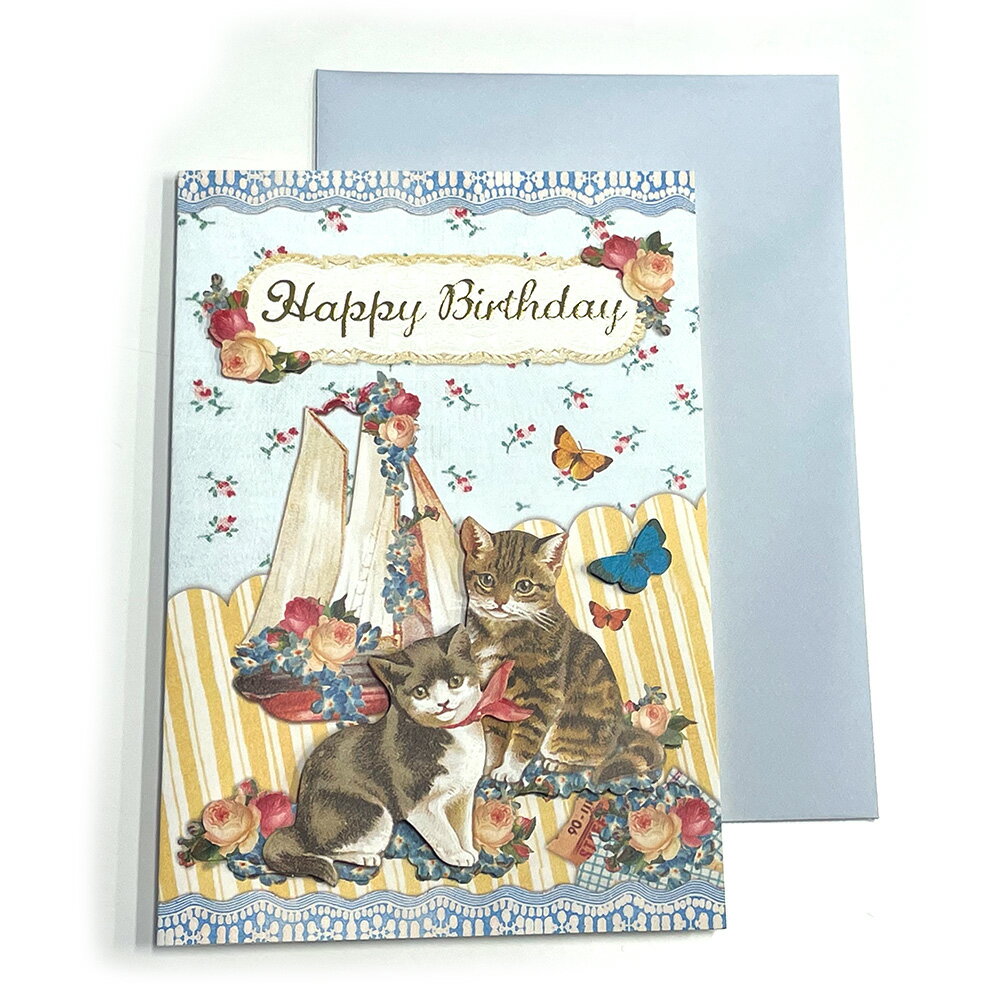 【アンティーク】バースディカード　立体箔押し　ネコとヨットと蝶々【クリックポスト対応】