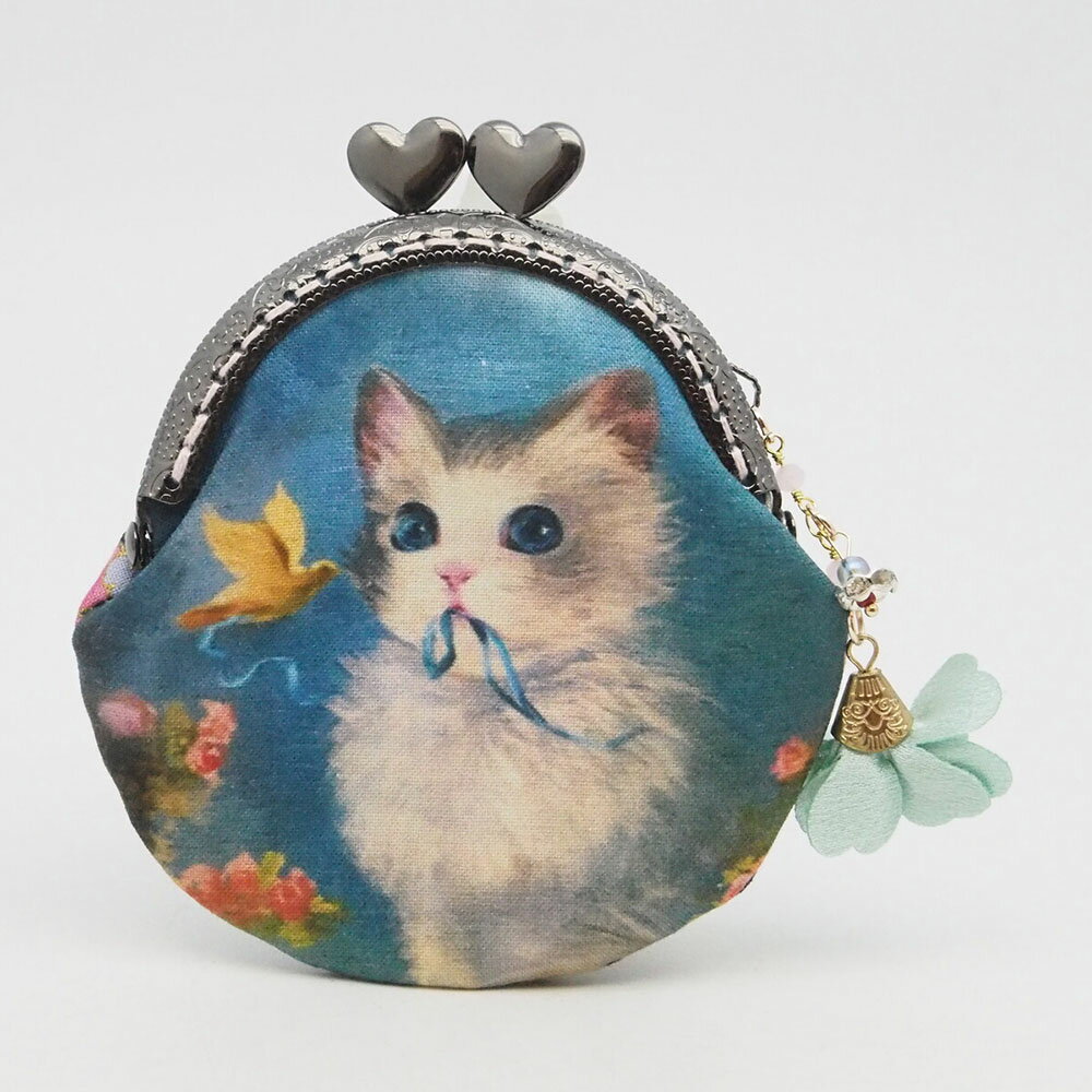 【ハンドメイド1点もの】「猫と小鳥とリボン」がま口ポーチ・コインケース【クリックポストは送料185円】