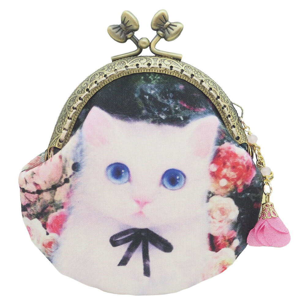 【ハンドメイド1点もの】「リボンとピンク猫」がま口ポーチ・コインケース【クリックポストは送料185円】