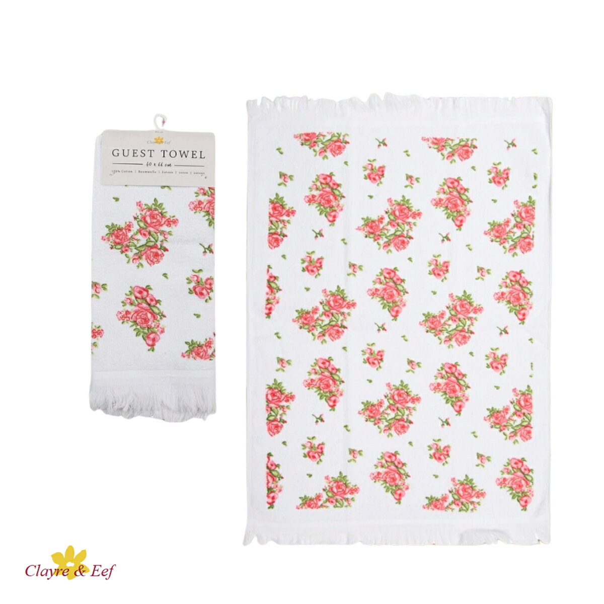 《輸入雑貨のミリユウストア》 フェイスタオル 「スイートフラワー」40X66 CM ホワイト ピンク コットン 長方形 ゲストタオル オランダ Clayre & Eef クレア&イーフ 母の日