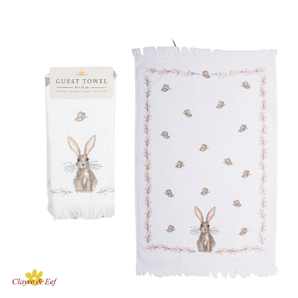 《輸入雑貨のミリユウストア》 フェイスタオル 「野うさぎと蝶」40X66 CM ホワイト ピンク コットン 長方形 ゲストタオル オランダ Clayre & Eef クレア&イーフ 母の日