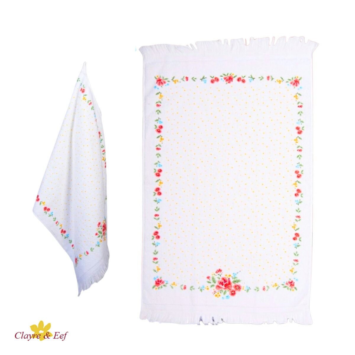 《輸入雑貨のミリユウストア》 フェイスタオル 「プチローズ2」40X66 CM ホワイト ピンク コットン 長方形 ゲストタオル オランダ Clayre & Eef クレア&イーフ 母の日