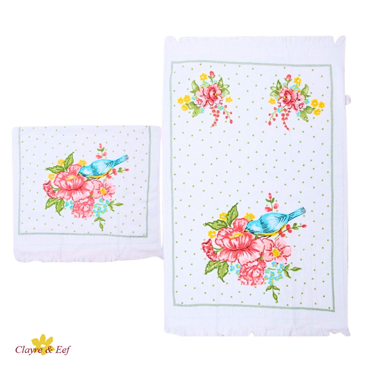 《輸入雑貨のミリユウストア》 フェイスタオル 「青い鳥とフラワー」40X66 CM ホワイト ピンク コットン 長方形 ゲストタオル オランダ Clayre & Eef クレア&イーフ 母の日
