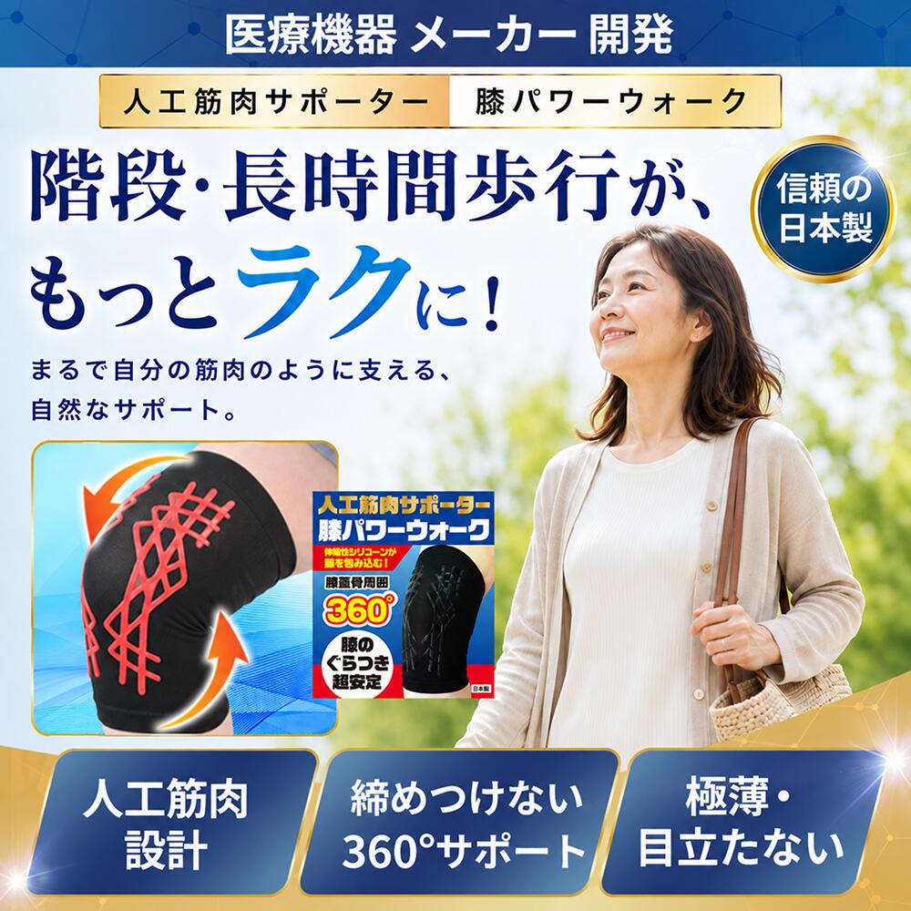 膝サポーター 人工筋肉サポーター膝パワーウォーク（1枚片ひざ分/2枚両ひざ分）Mサイズ/Lサイズ 整体師注目 スポーツ 医療用 高齢者 女性用 男性用 ランニング マラソン 薄手 靭帯 半月板 保護 補助 洗える フィット ブラック