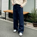 ワイドストレートデニムパンツ ネイビーデニム ゆったり ボトムス 体型カバー オールシーズン 春 夏 秋 冬 レディース メンズライク カジュアル ロールアップ ビッグシルエット