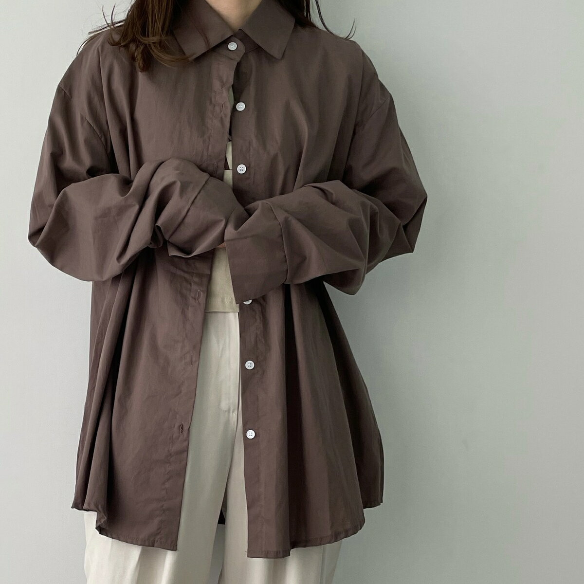 アシンメトリーボタンシャツ シャツ アシンメトリー ブラウン ベージュ