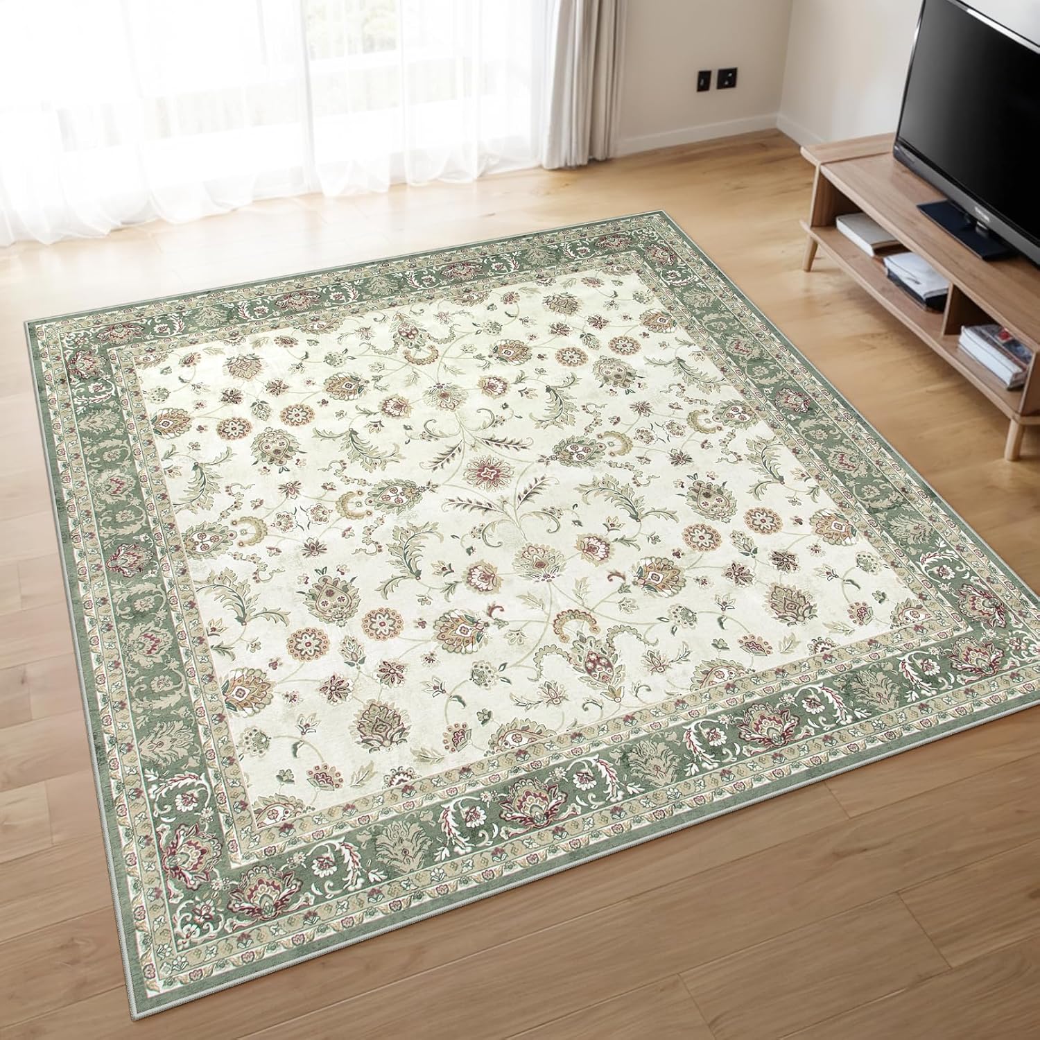 カーペット 夏 2畳 正方形 185х185cm ラグ 洗える オールシーズン適用 ペルシャ風 じゅうたん 滑り止め 低反発 防音 寝室 リビング ラグマット 抗菌防臭 耐磨耗性 花柄 グリーン