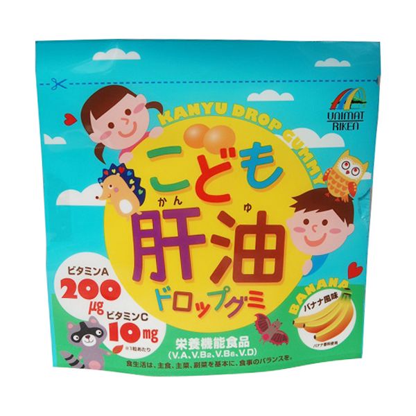 ※銀行振込・コンビニ払いはご入金確認後、クレジット・代引き決済はご注文確定で商品準備をさせていただきます。※購入目的に懸念がある等のご注文は、詳細確認の為ご連絡をさせていただく場合がございます。※販売が適切でないと判断した場合は、キャンセルさせていただく場合がございます。 【注意事項】1.こちらの商品は即日配送商品ではありません。「こども肝油ドロップグミ 100粒」は、ビタミン(A、B2、B6、D)の栄養機能食品です。おいしいバナナ風味の味付けの肝油ドロップグミです。お子様をはじめ、大人も安心して召し上がっていただける食べやすいサイズのグミに仕上げました。栄養機能食品。●栄養機能・ビタミンAは、夜間の視力の維持を助ける栄養素です。・ビタミンAは、皮膚や粘膜の健康維持を助ける栄養素です。・ビタミンB2は、皮膚や粘膜の健康維持を助ける栄養素です。・ビタミンB6は、たんぱく質からのエネルギーの産生と皮膚や粘膜の健康維持を助ける栄養素です。・ビタミンDは、腸管のカルシウムの吸収を促進し、骨の形成を助ける栄養素です。●1日当たりの栄養素等表示基準値に占める割合V.A・・・200-600μg(44%-133%)V.B2・・・0.37-1.1mg(33%-100%)V.B6・・・0.34-1mg(34%-100%)V.D・・・1.7-5μg(34%-100%)●ご注意・開封後はチャックをしっかりと閉めて保管し、お早めにお召し上がりください。・体に合わない時は、ご使用をお止めください。・本品は多量摂取により疾病が治癒したり、より健康が増進するものではありません。1日の摂取目安量を守ってください。・妊娠三ケ月以内又は妊娠を希望する女性は過剰摂取にならないよう注意してください。・本品は特定保健用食品とは異なり、消費者庁長官による個別審査を受けたものではありません。・食生活は、主食、主菜、副菜を基本に、食事のバランスを。●保存方法高温・直射日光をさけて涼しいところに保存してください。●原材料名・栄養成分等・品名・名称：ビタミン類含有食品・原材料名：砂糖、水あめ、粉末オブラート(大豆を含む)、でん粉、ソルビトール、ビタミンC、ゲル化剤(ペクチン)、光沢剤、pH調整剤、香料、ビタミンA、増粘剤(アラビアガム)、乳化剤、ビタミンB2、ビタミンB6、ビタミンD(原材料の一部に大豆を含む)・栄養成分表示：1粒1gあたりエネルギー：3.7kcal、たんぱく質：0g、脂質：0g、炭水化物：0.9g、ナトリウム：0.8mg、ビタミンA：200μg、ビタミンC：10mg、ビタミンD：1.7μg、ビタミンB2：0.37mg、ビタミンB6：0.34mgこども肝油ドロップグミ[広告文責] 株式会社エグザイルス 06-6479-2970[販売元] 株式会社ユニマットリケン[原産国] 日本[商品区分] 栄養機能食品