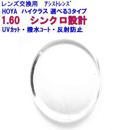 メーカー：HOYA レンズ名：シンクロアシスト160 屈折率：1.60 設計：内面設計 タイプ：ライト(0.57加入)・ミディアム(0.76加入)・ヘビー(0.95加入) コート：標準VPコート（撥水+ハードマルチコート）オプション　SFT-RUVコート（標準+耐傷+裏面UV） ・VG RUVコート（標準+耐傷++静電気防止+裏面UVカット）・VGラピスRUVコート（VG RUV+ブルーライトカット）・VGパールRUV（VG-RUV+白色反射）・クモリ291(商品画像の注意点をご確認ください。) UVカット：標準仕様 オプション：レイガード435(スウィート・ナチュラル・ファイン・アッシュ) Ray Guard 435（レイガード435）は眼に有害と言われている紫外線をほぼ100％カット。さらにはLED照明やパソコン、携帯などのディスプレイから発するブルーライト（青色光）を軽減した眼にやさしいメガネレンズです。 詳細は商品画像にてご確認ください。レンズ交換の流れとしましてコートのオプションや、ツーポイントの加工料金など選択項目において追加金額がある場合は、ご注文時は追加金額の自動計算はされません。 当店でご注文内容を確認後に金額の修正処理をさせていただきます。 全額ポイントをご利用の場合でも追加オプション代金につきましてはポイント支払いができませんのでご選択の決済方法にてお支払いいただきます。 (ポイントの利用上限はご注文時の金額となりますのでオプション加算分はシステム上ご利用いただけませんのでご了承ください。)