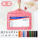 パスケース 本革 レディース メンズ 美クロコダイル ネームホルダー IDカードホルダー IDケース エナメル 型押し わに柄 ワニ柄 レザー ハンドメイド