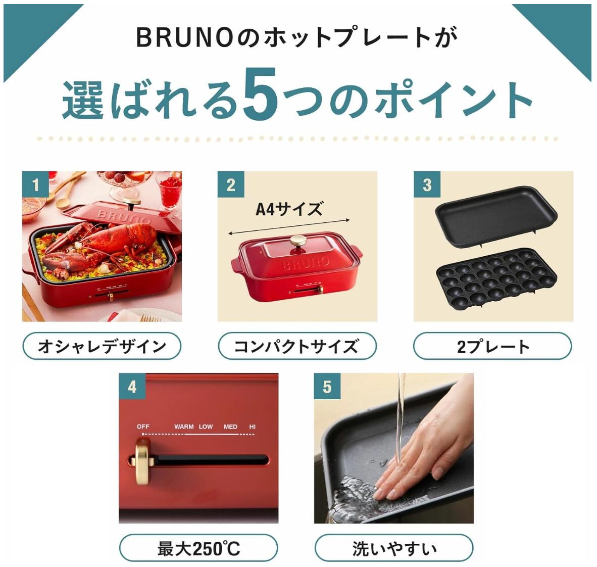新品 BRUNO ブルーノ BOE021-RD コンパクトホットプレート レッド [プレート2枚]