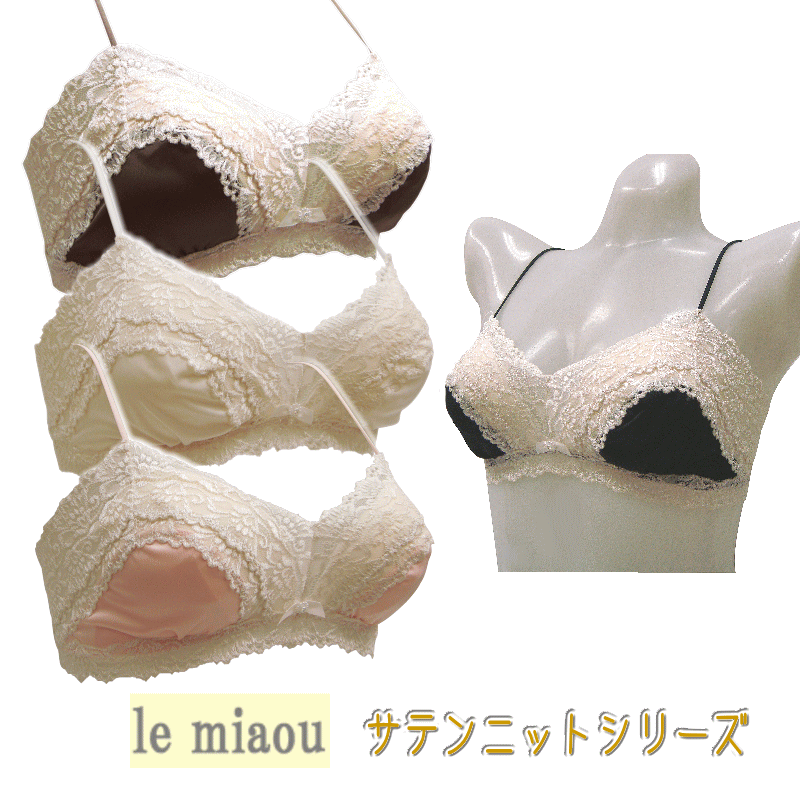 日本製 le miaou (ルミャウ)サテンニットシリーズソフトブラジャー Mサイズ #0585美しく華やかヨーロッパ風デザインレディース 下着 インナー ソフトブラ ノンワイヤー締め付けない ノンストレス リラックス おやすみブラにも