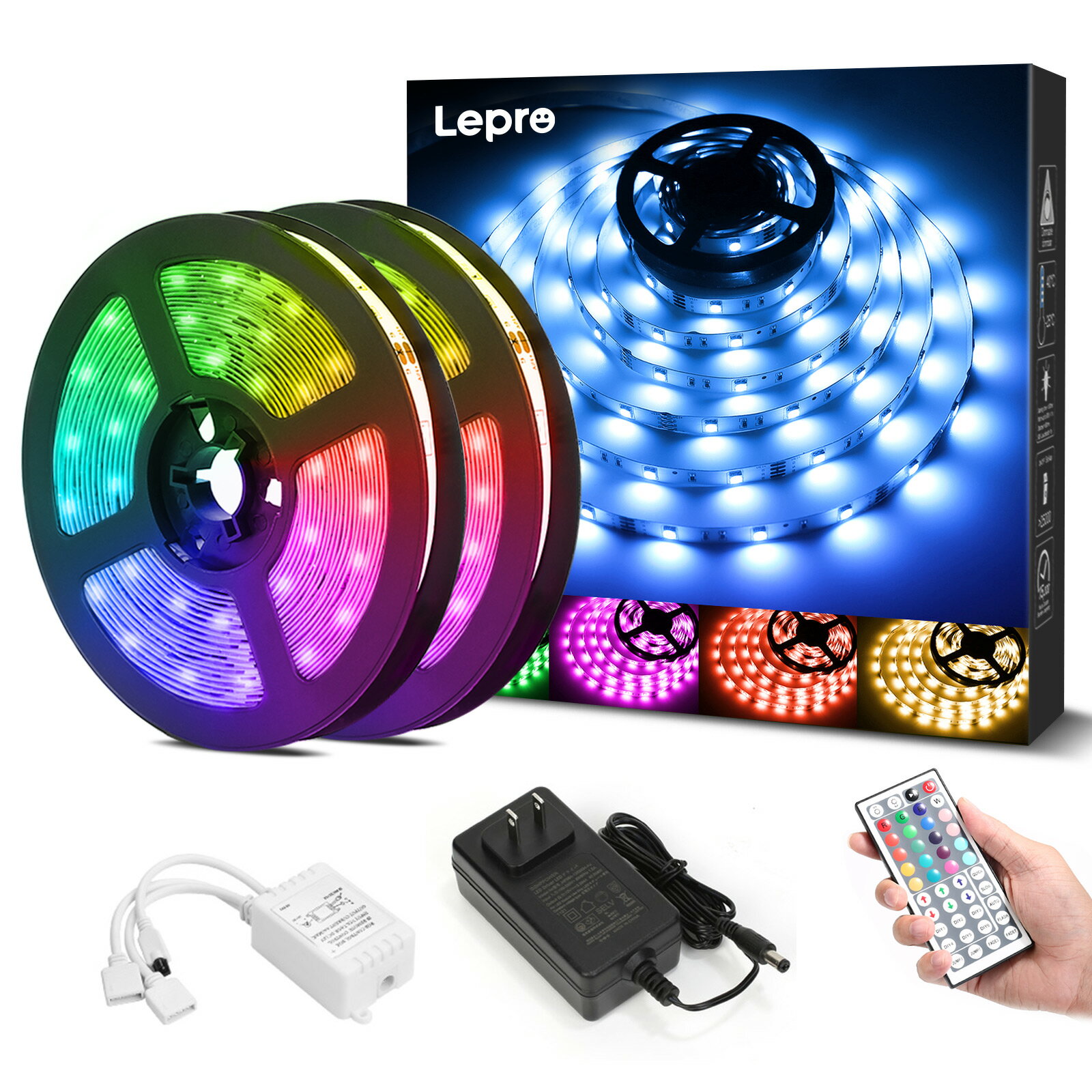 【2年保証】 Lepro ledテープライト 15m(7.5m*2) テープライト RGB 屋内用 明るさ調節 鮮やか 20色タイプ 44キーリモコン 調光調色カラーDIY SMD5050 超高輝度 間接照明 両面テープ 切断可能 取付簡単 非防水 ledテープ 飾りライトアップ 1