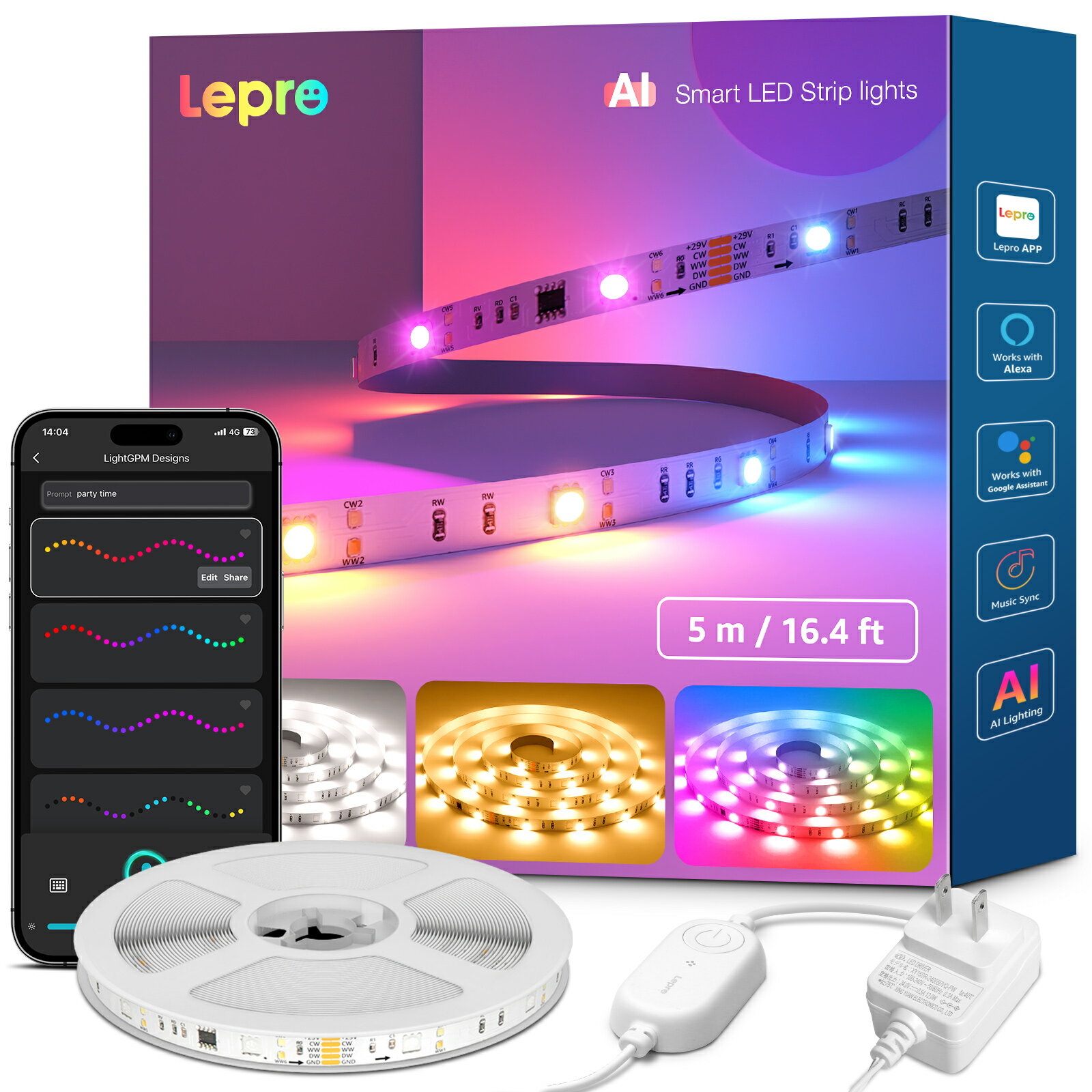Lepro S2 AI ledテープライト RGBCW+IC 5m AI照明デザイナー アレクサ対応 RGB+電球色+昼白色 クリスマス 1600万色 流れるテープ 虹色 アドレサブル Alexa/Google Home対応 音楽同期 間接照明 スマートテープライト Wi-Fi Bluetoothに対応 DIY