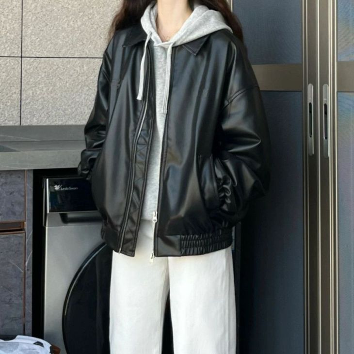 【半額クーポン対象】アウター Wジップ フェイクレザー ジャケット ライダース PUレザー オーバーサイズ 長袖 レディース 韓国ファッション 【24aw-it44】【予約販売：15-20日】【送料無料】60込のサムネイル