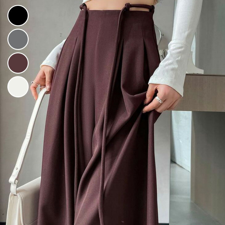 【半額クーポン対象】ハイウエスト タッグ ワイドパンツ フレア ボトムス ワイドフレア シンプル 無地 きれいめ カジュアル 秋冬 おすすめ レディース オシャレ トレンド 人気 プチプラ 韓国ファッション【24aw-it103】【予約販売：15-20日】【送料無料】宅込のサムネイル