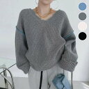 【半額クーポン対象】Vネック ステッチ ニット ダメージ風 シンプル オーバーサイズ ドロップショルダー 長袖 バックタグ 秋冬 おすすめ レディース オシャレ...