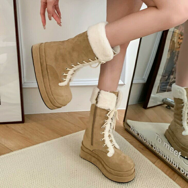 【半額クーポン対象】【訳アリ】ボアブーツ ミディアム 暖か 厚底 レースアップ 美脚 脚長効果 歩きや..