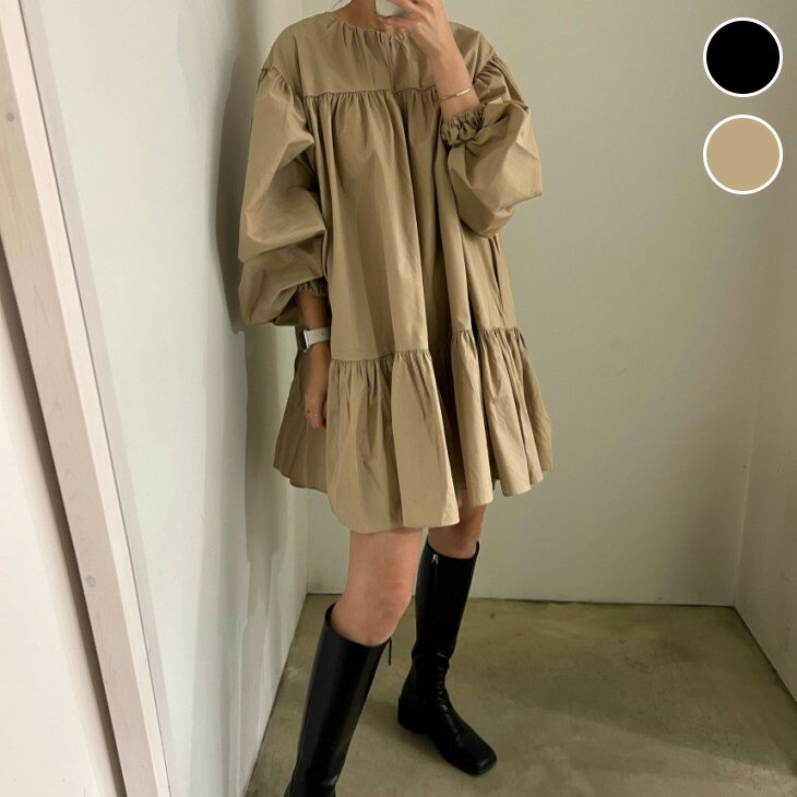 【半額クーポン対象】パフスリーブ ティアード ワンピース ミニ 長袖 トップス シンプル 無地 カジュアル ガーリー 女子会 春夏 おすすめ レディース オシャレ トレンド 人気 プチプラ 韓国ファッション【2675-fx】【予約販売：15-20日】【送料無料】メ込2