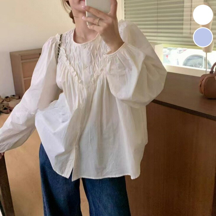 【半額クーポン対象】デコルテ 切り替え ブラウス シャツ フリル シンプル 無地 長袖 パフスリーブ ガーリー 女子会 春夏 おすすめ レディース オシャレ トレンド 人気 プチプラ 韓国ファッション【3317-fx】【予約販売：15-20日】【送料無料】メ込2