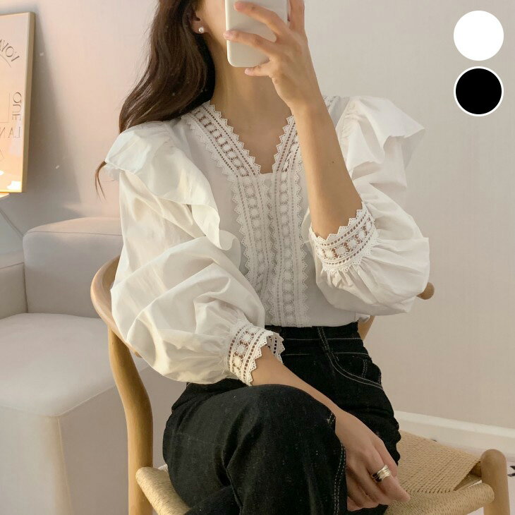 【半額クーポン対象】ボリューム袖 レース ドッキング ブラウス シャツ 長袖 フリル パフスリーブ 無地 ガーリー シンプル 春夏 おすすめ レディース オシャレ トレンド 人気 プチプラ 韓国ファッション【8880-fx】【予約販売：15-20日】【送料無料】メ込2のサムネイル