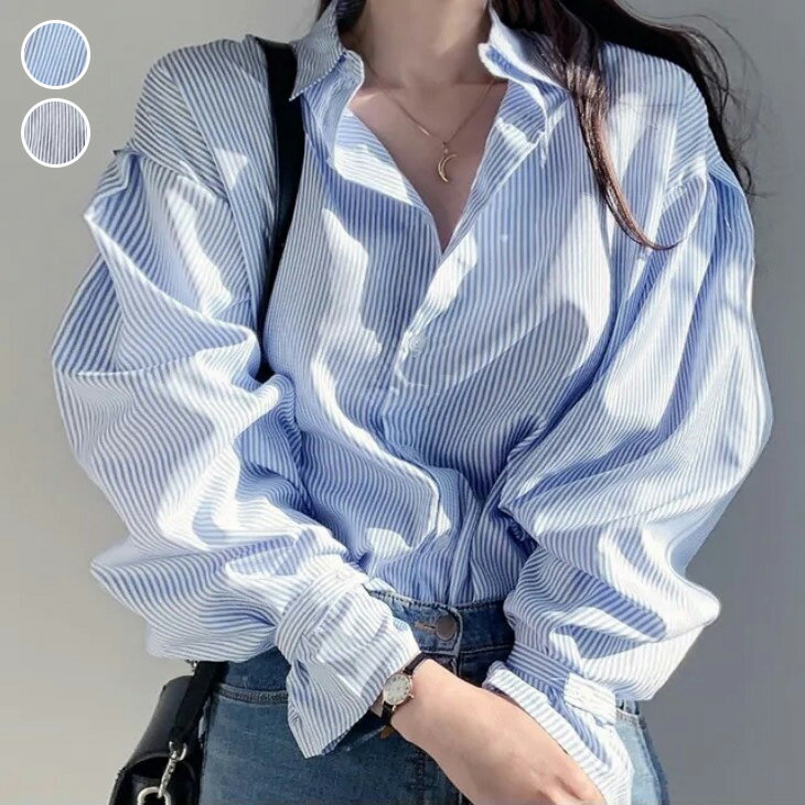 【半額クーポン対象】ストライプ キャンディースリーブ シャツ 長袖 カジュアル オフィス シンプル 羽織り 春夏 おすすめ レディース オシャレ トレンド 人気 プチプラ 韓国ファッション【951-fx】【予約販売：15-20日】【送料無料】メ込2のサムネイル