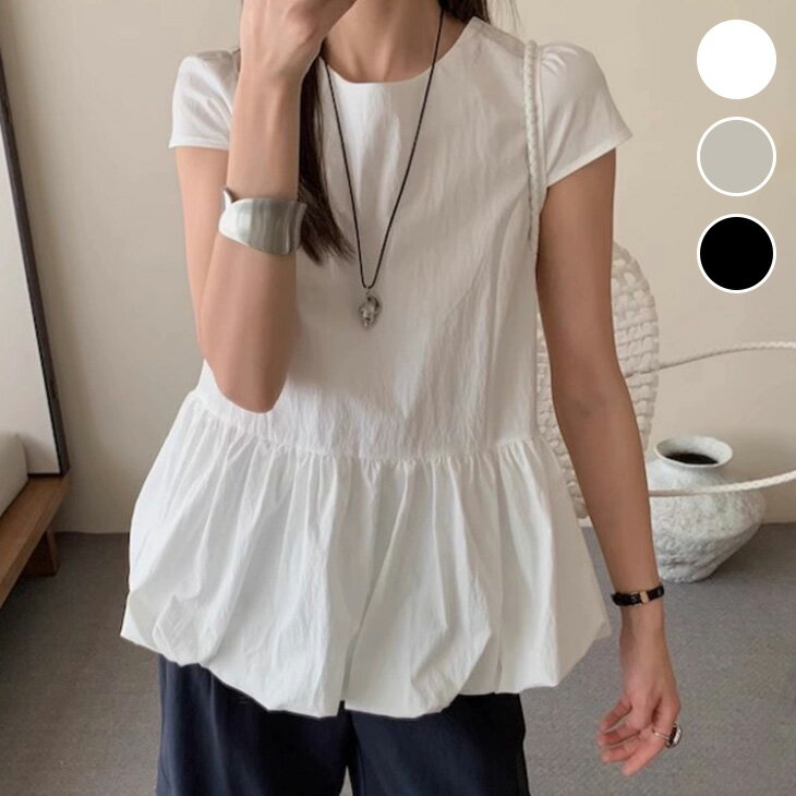 【半額クーポン対象】クルーネック バルーン チュニック 半袖 トップス シンプル 無地 カジュアル きれいめ リゾート 夏 おすすめ レディース オシャレ トレンド プチプラ 韓国ファッション【145-gt507】【予約販売：15-20日】【送料無料】メ込2のサムネイル