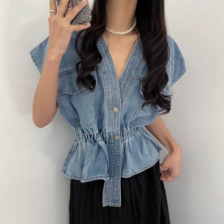 【半額クーポン対象】ウエストマーク デニム ベスト ジレ ショート丈 トップス ノースリーブ ペプラム カジュアル きれいめ 夏 おすすめ レディース オシャレ トレンド 人気 プチプラ 韓国ファッション【2061-brc1012】【予約販売：15-20日】【送料無料】宅込のサムネイル