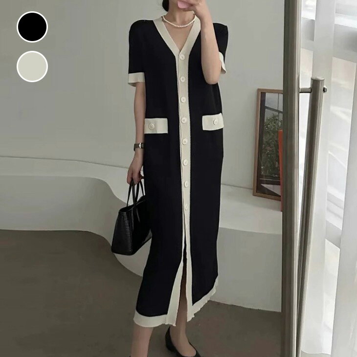 【半額クーポン対象】バイカラー Vネック サマーニット ロング カーデ ワンピ タイト 羽織り 半袖 ダブルポケット 夏 おすすめ レディース オシャレ トレンド 人気 プチプラ 韓国ファッション【7563-sy125】【予約販売：15-20日】【送料無料】メ込2のサムネイル