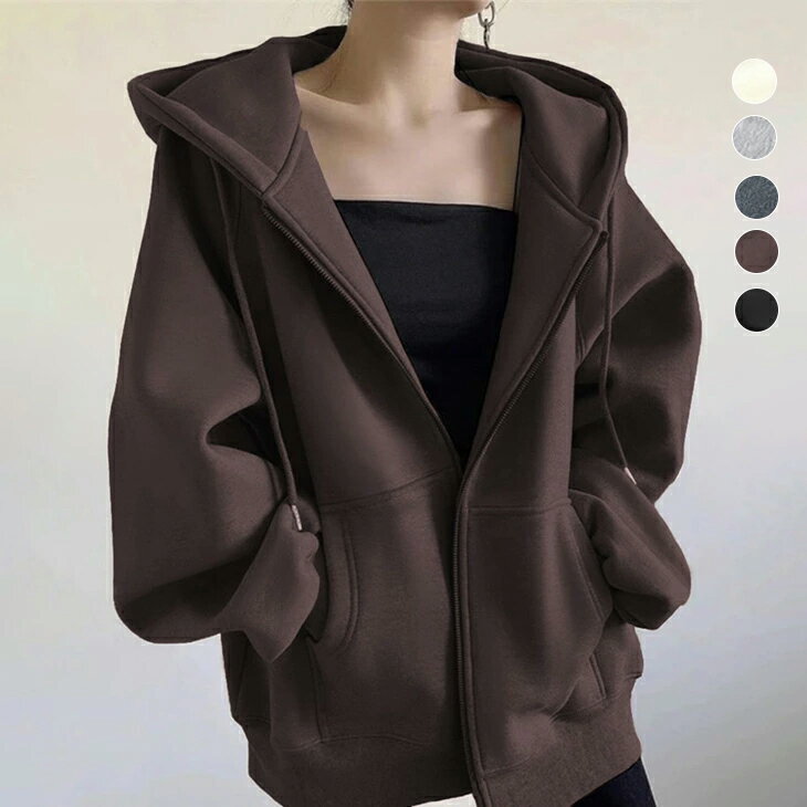 【半額クーポン対象】パーカー フード付き スウェット 無地 オーバーサイズ カジュアル ゆったり 大人カジュアル 防寒 ジップアップ 長袖 秋冬 おすすめ レディース トレンド 人気 プチプラ 【lesotaw25-1707】【予約販売：11月20日入荷予定順次発送】【送料無料】宅込のサムネイル