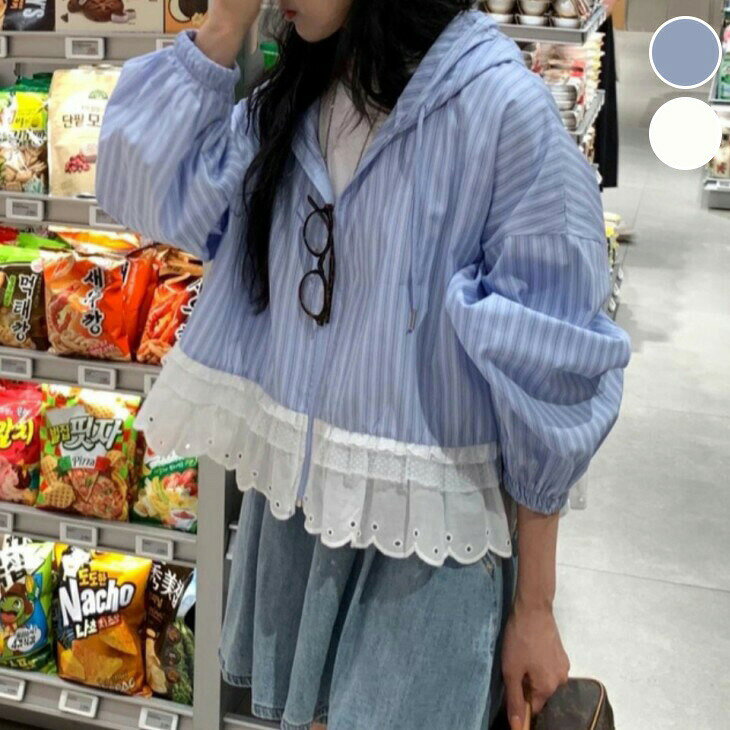 Rakuten - 【半額クーポン対象】異素材 ドッキング レース フード付き アウター シャツ シアー ブルゾン トップス 長袖 羽織り 人気 プチプラ 韓国ファッション 2026春夏新作【letp26-8029】【予約販売：15-20日】【送料無料】メ込2