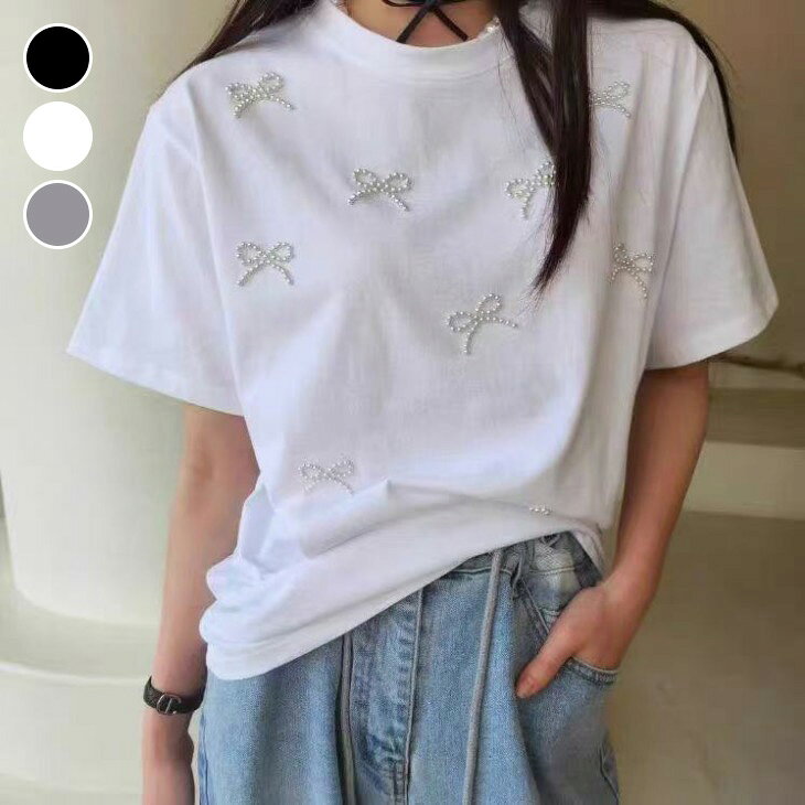 Rakuten - 【半額クーポン対象】Tシャツ リボン ラインストーン 半袖 レディース トップス カットソー クルーネック 飾り付き キラキラ カジュアル 大人可愛い プルオーバー ガーリー 人気 プチプラ 韓国ファッション 2026春夏新作【le0529-gt】【予約販売：15-20日】【送料無料】メ込2