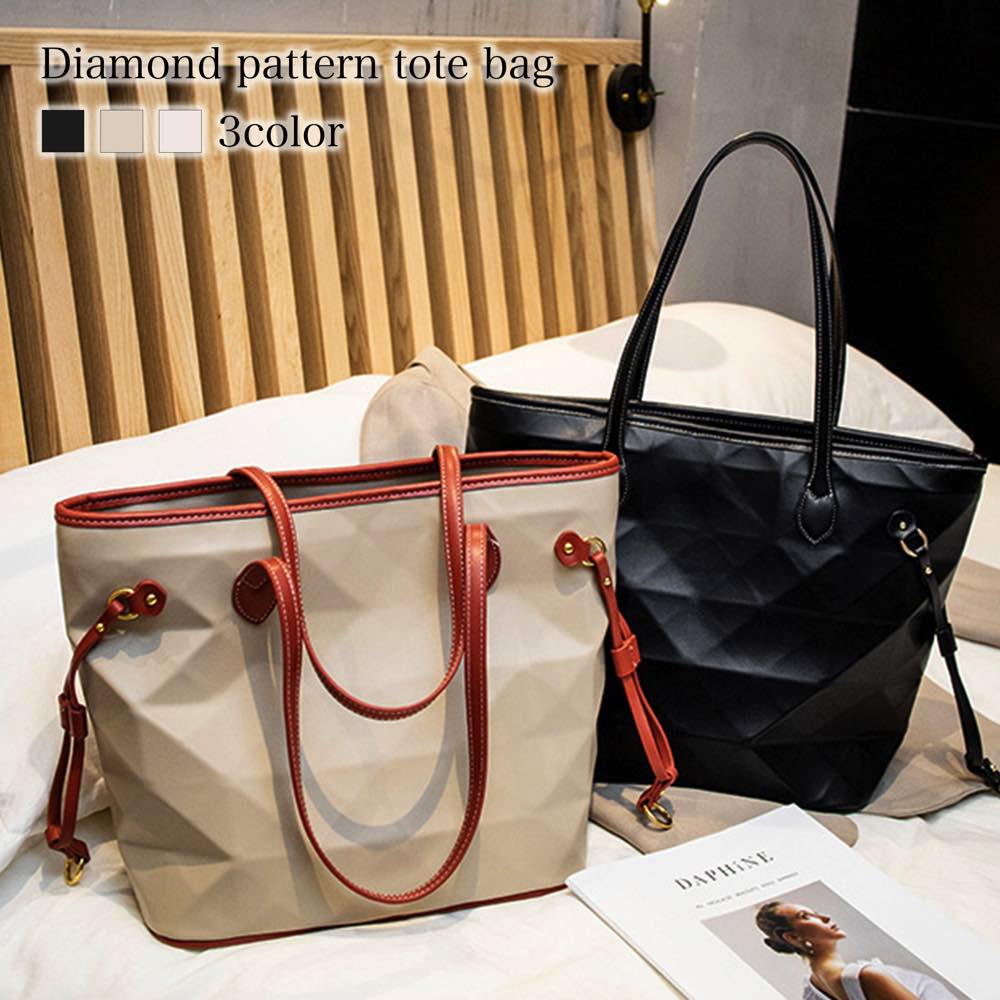 トートバッグ レディース ダイヤ柄トートバッグ ファスナー付き 小さめ 革 ショルダーバッグ 2WAY 黒 ..