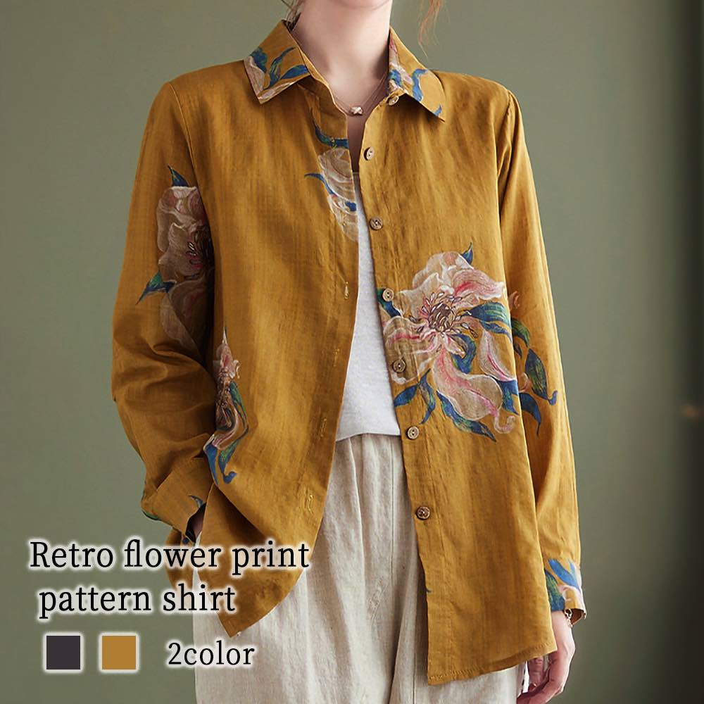 シャツ レディース レトロ花プリント柄シャツ しわになりにくい かわいい ロゴ Tシャツ 冬 暖かい
