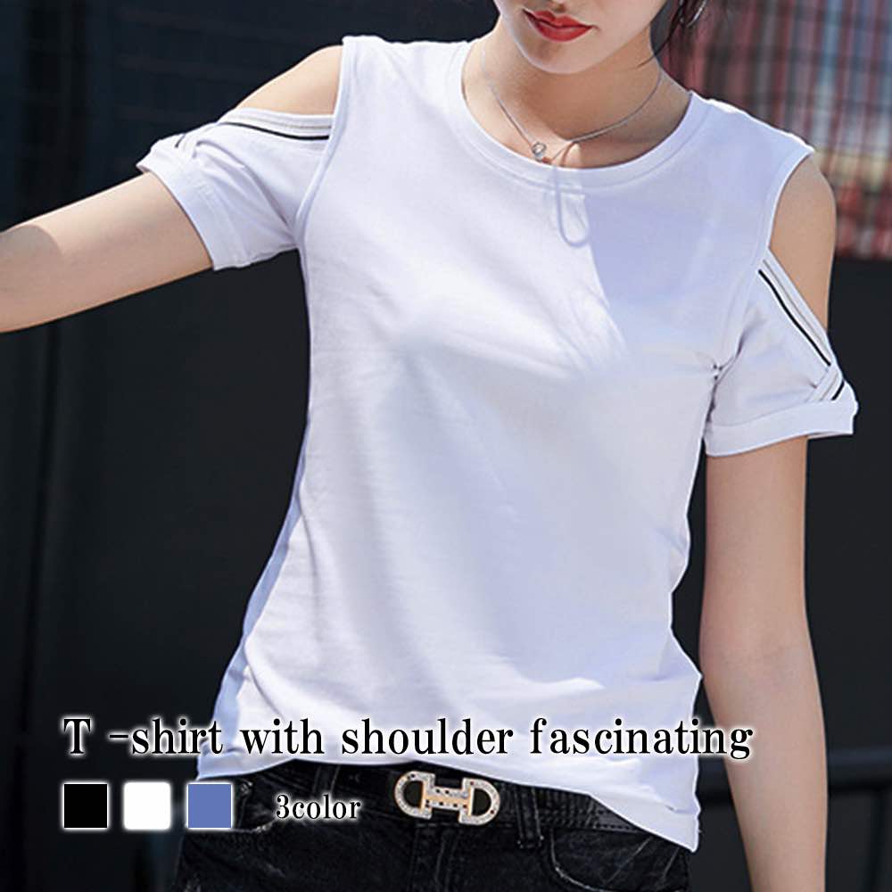 Tシャツ レディース 肩魅せTシャツ ブラウス 5分袖 春 スポーツ ゆったり ブラック 40代 ロゴ カジュ...