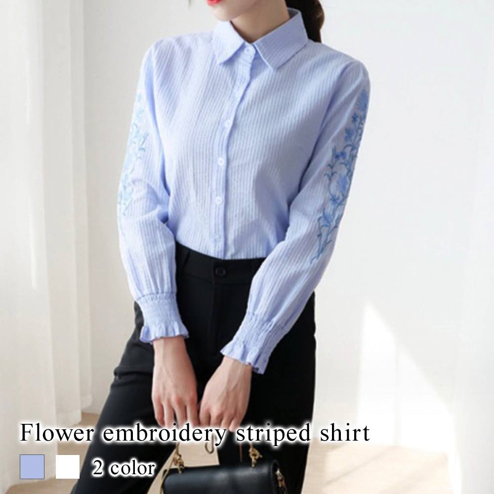 シャツレディース花刺繍ストライプシ...