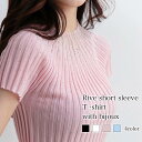 Tシャツ レディース ビジュー付きリブ半袖Tシャツ シャツ ロング 半袖 カットソー かわいい コーデ 人気 ブランド おしゃれ 無地 ジム ブラック ティーシ...