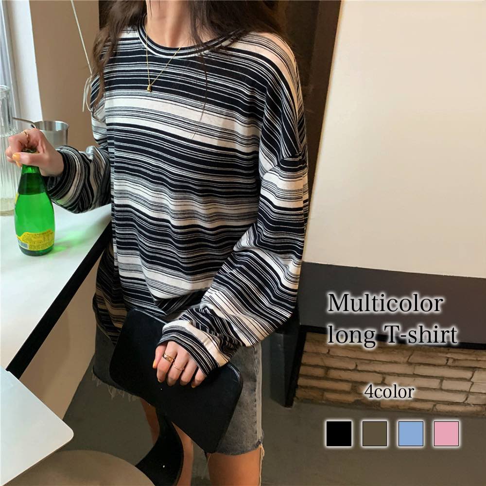 素色 - Tシャツ レディース マルチカラーロングTシャツ スポーツ 大人 シャツ ブランド トレーナー コーデ カジュアル ブラウス 冬 長袖 ゆったり 40代 人気 厚手 おしゃれ ロング 綿 ロゴ ティーシャツ Vネック 暖かい ブラック かわいい 無地 カットソー 春 秋
