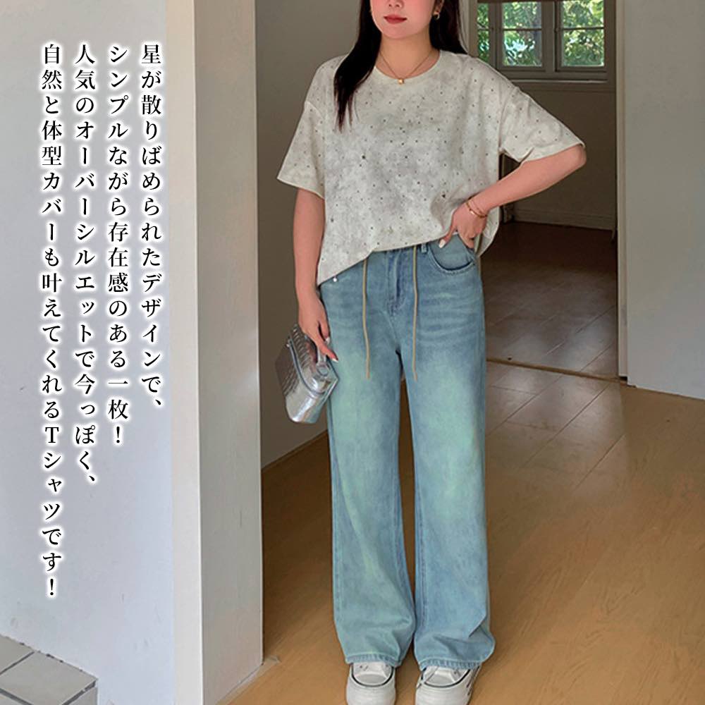 Tシャツ レディース 星柄オーバートップス コーデ ブラウス ブランド ロング 薄手 半袖 かわいい 涼しい 大人 ブラック カジュアル ティーシャツ Vネック 7分袖 トレーナー 無地 人気 春 シャツ ジム 夏 ロゴ おしゃれ ゆったり スポーツ 40代 5分袖 カットソー